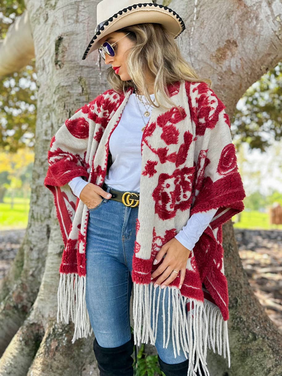 Red Western Boho 3D Textured Paisley Fringe Ruana Cardigan