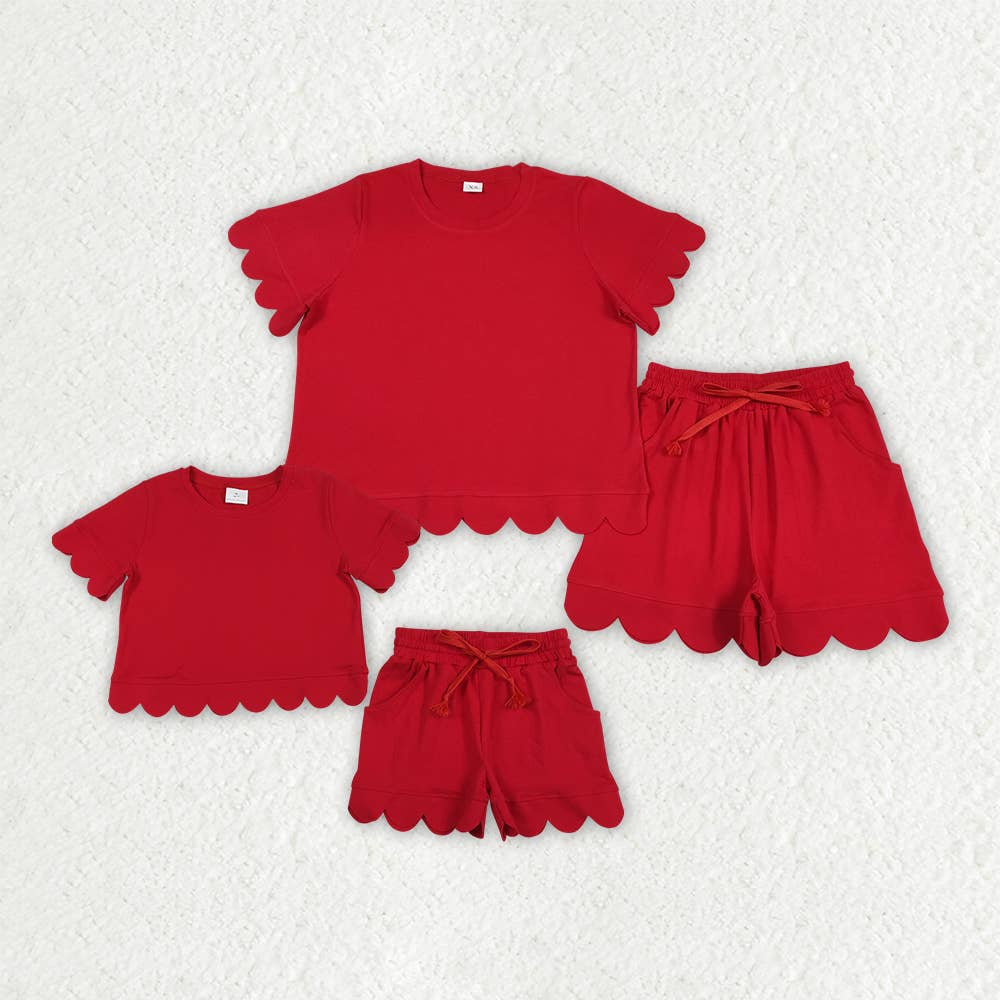 Mommy and Me Baby Girls Red Cotton Scalloped Outfits