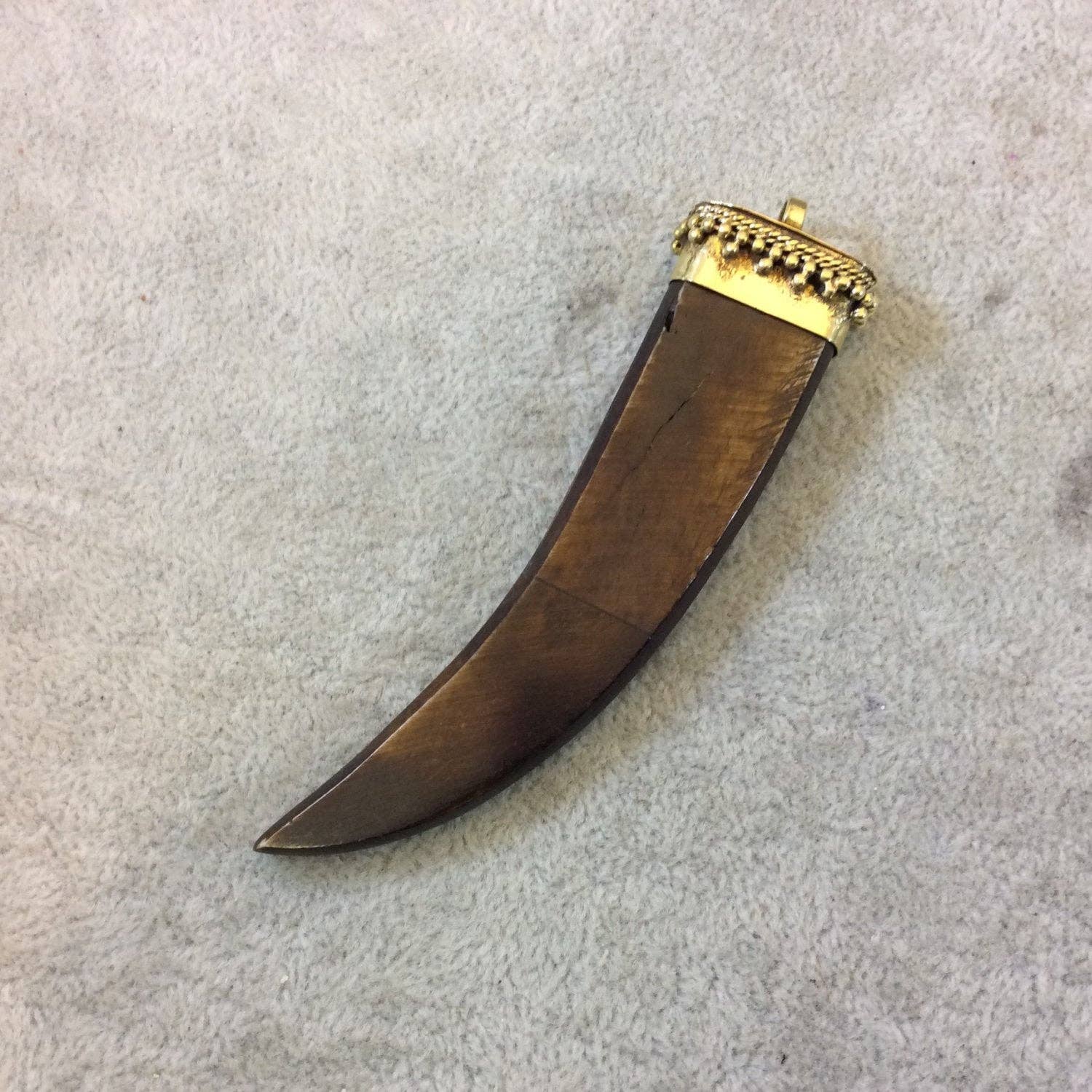 Brown Flat Tusk Natural Ox Bone Pendant with Dotted Gold cap