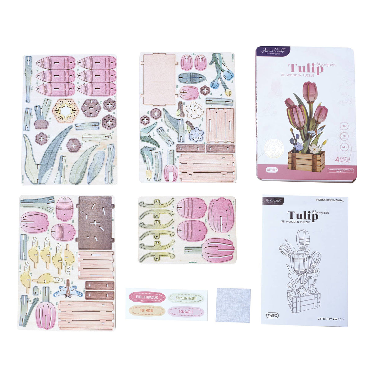 DIY Wooden Puzzle Kit - Pink Tulip Bloom Set