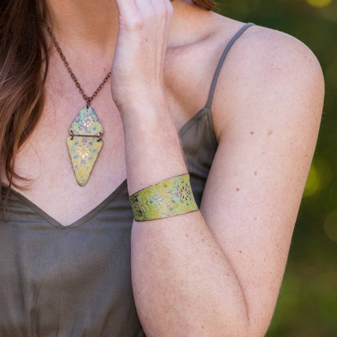 Copper Patina Bracelet - Light Green Floral