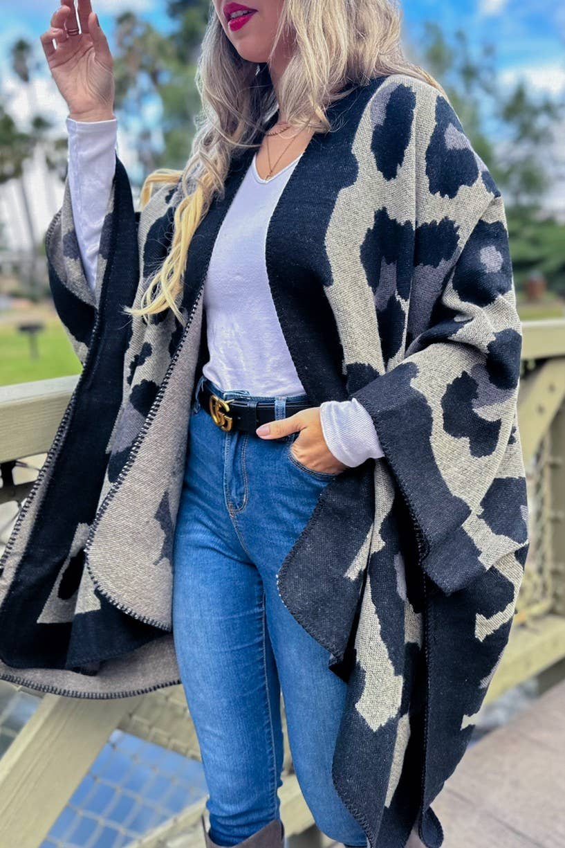 Boho Large Leopard Print Knit Ruana Cardigan