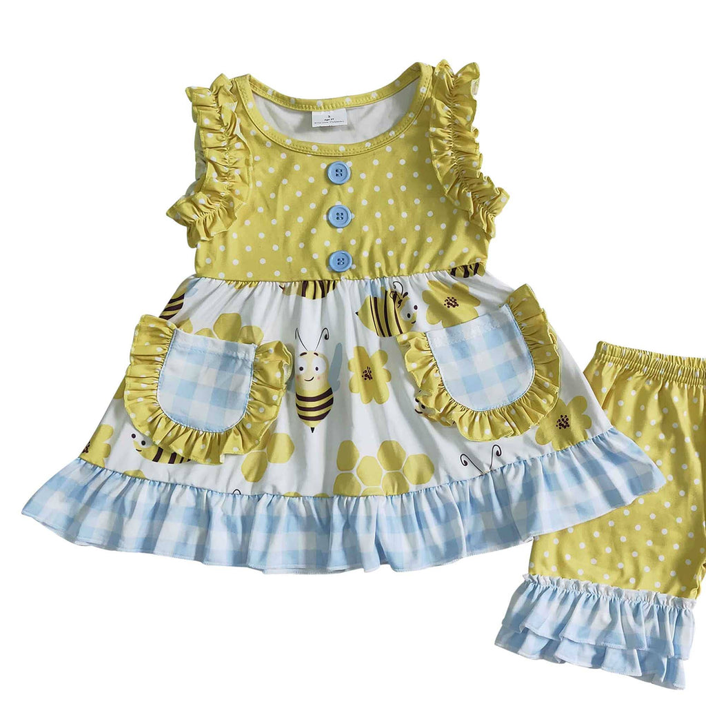 Baby girls summer honey bee ruffle shorts sets