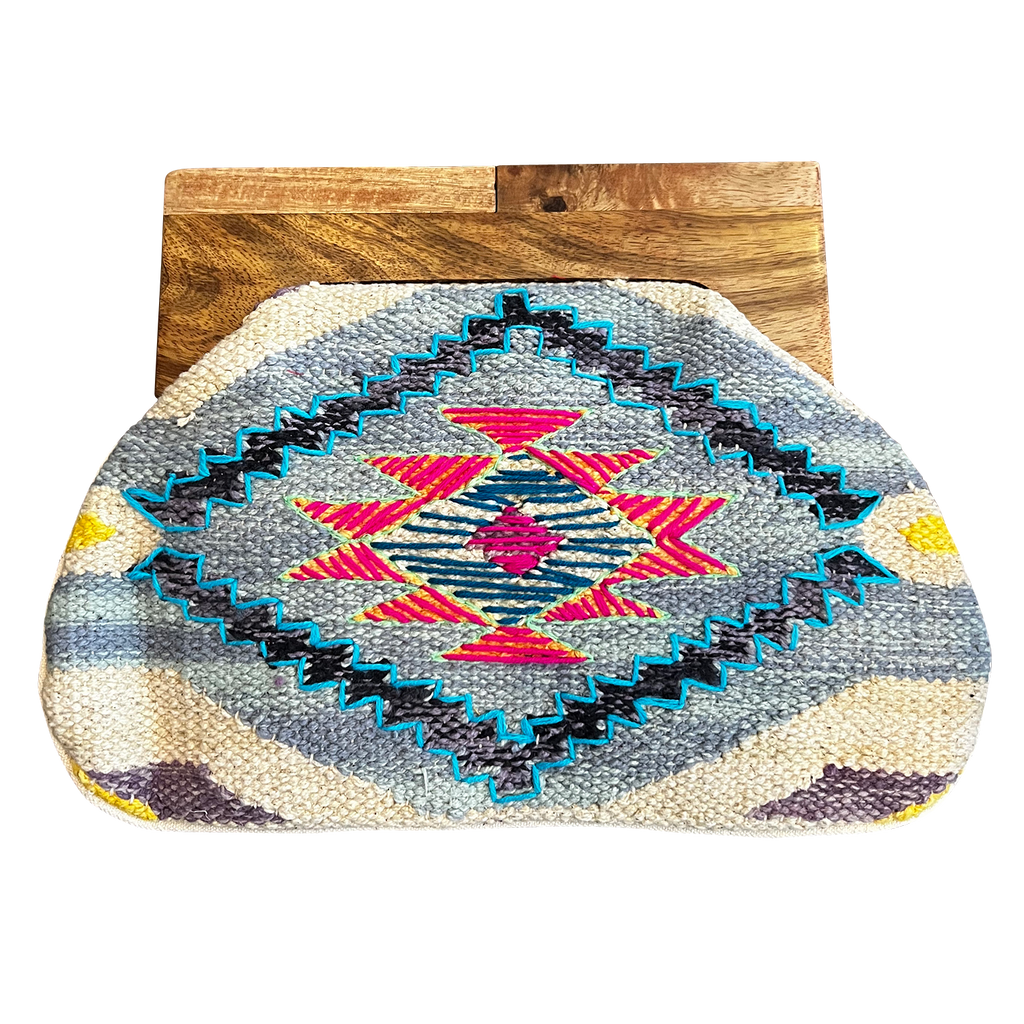 Woven Women's Clutch Bag with Wooden Handle