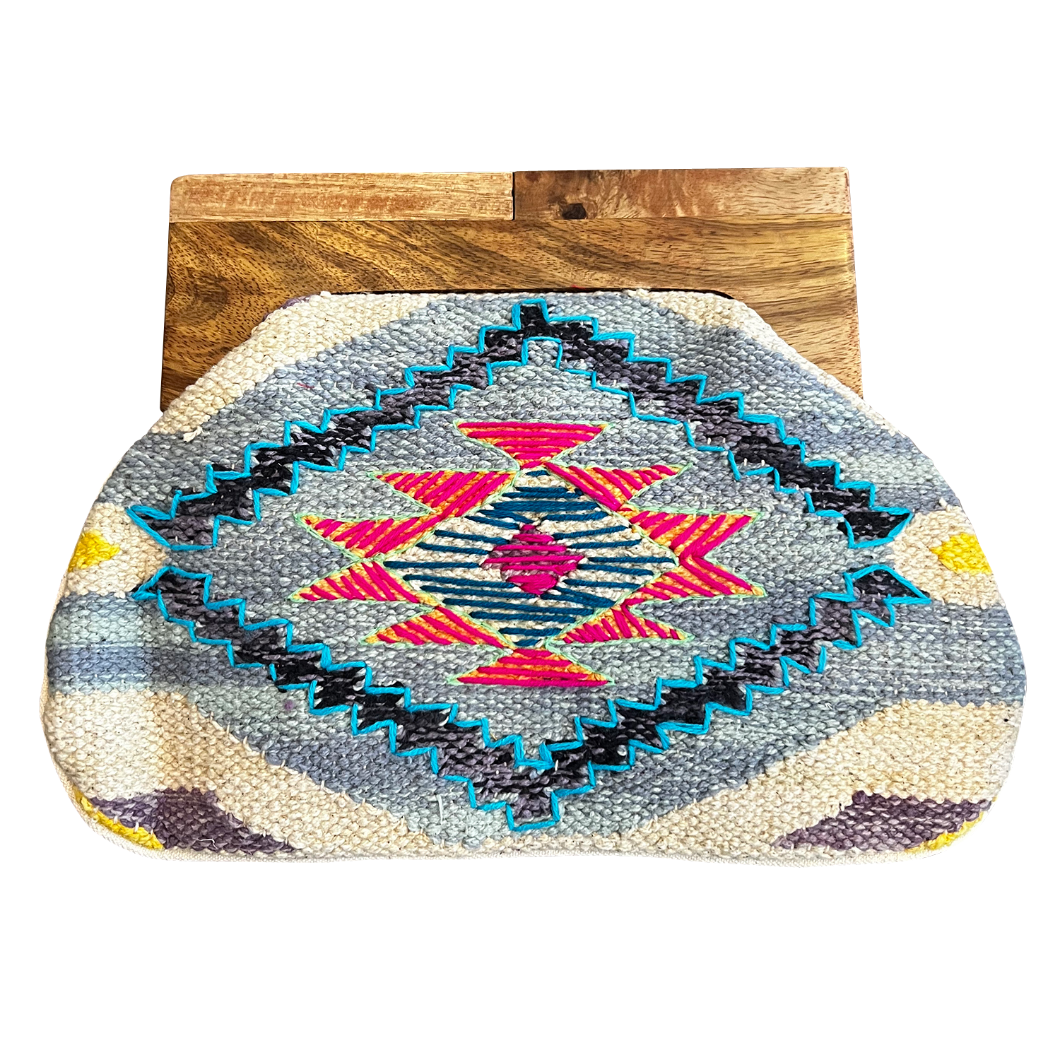 Woven Women's Clutch Bag with Wooden Handle