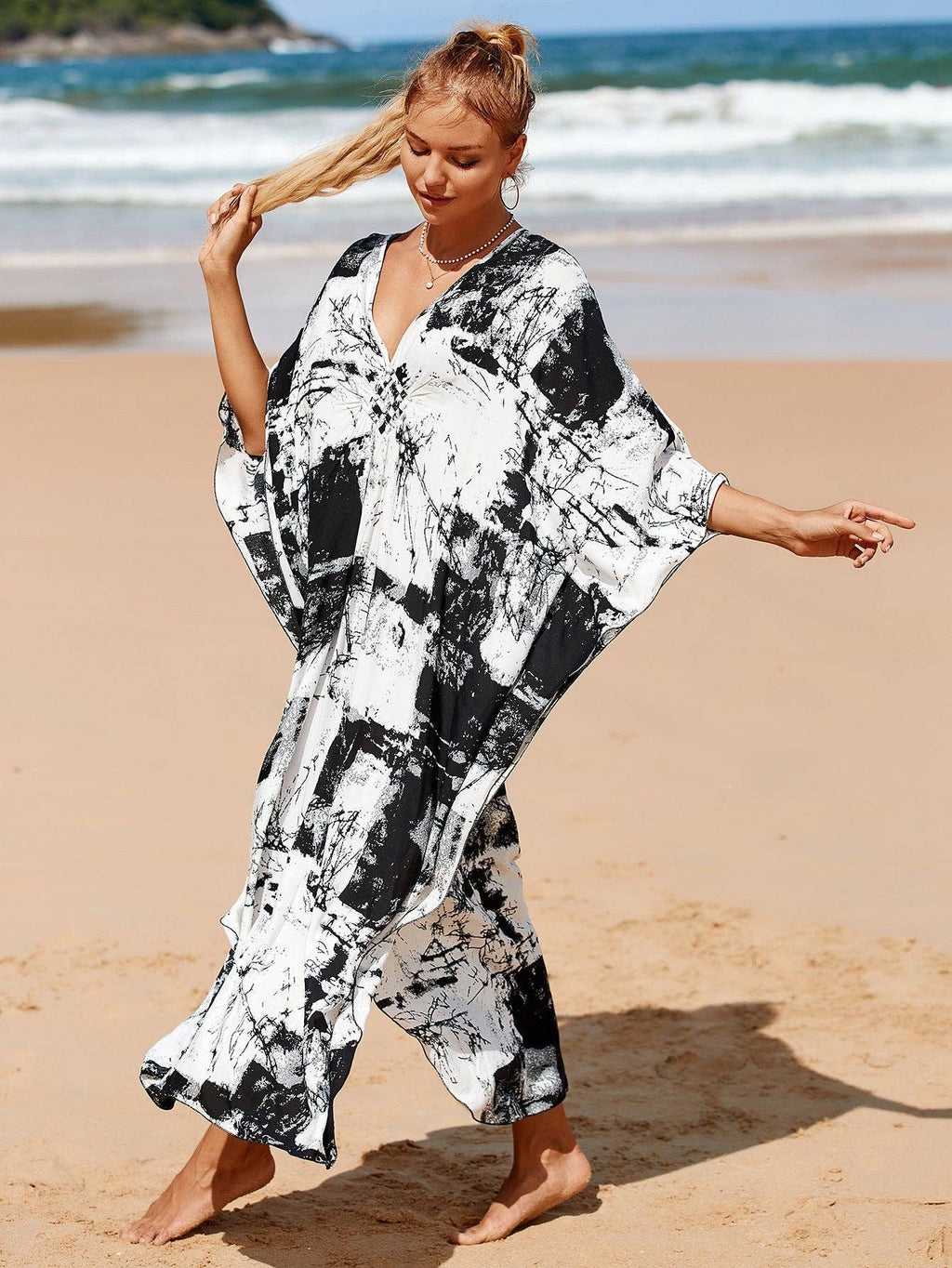 Kaftan Summer Dresses, Braided V-Neck - Black, S-3XL