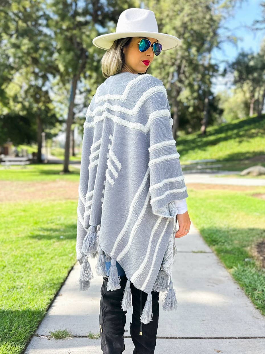 Boho Textured Chunky Knit Tassel Ruana Cardigan