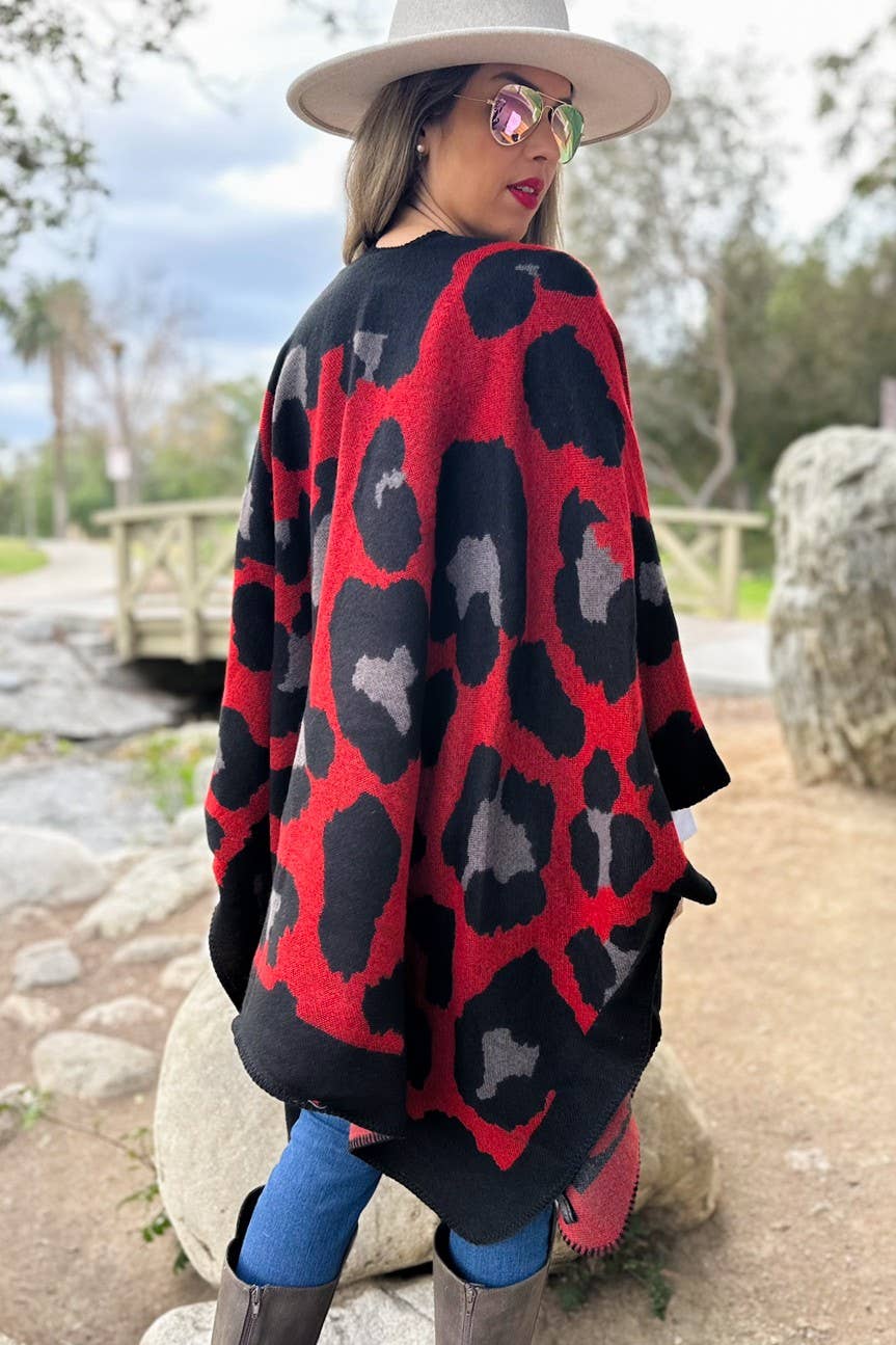Boho Large Leopard Print Knit Ruana Cardigan
