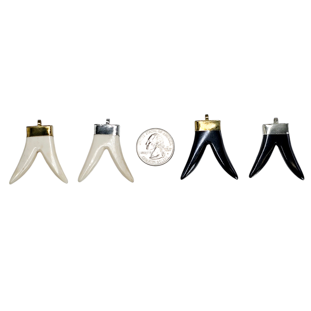 Double Horn Pendant with Brass or Silver Toned Cap and Bail