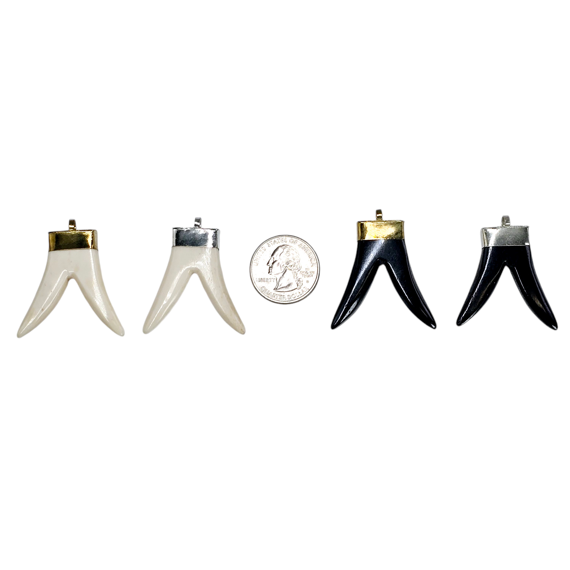 Double Horn Pendant with Brass or Silver Toned Cap and Bail