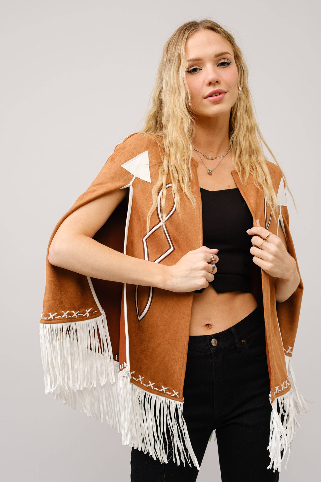36306J - Fringe Detail Open Cape Jacket