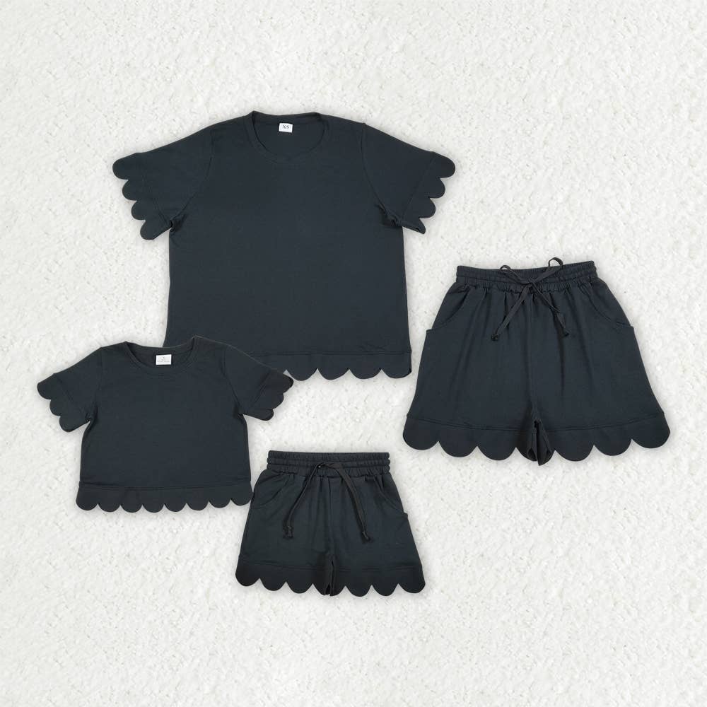 Mommy and Me Baby Girls Black Cotton Scalloped Outfits