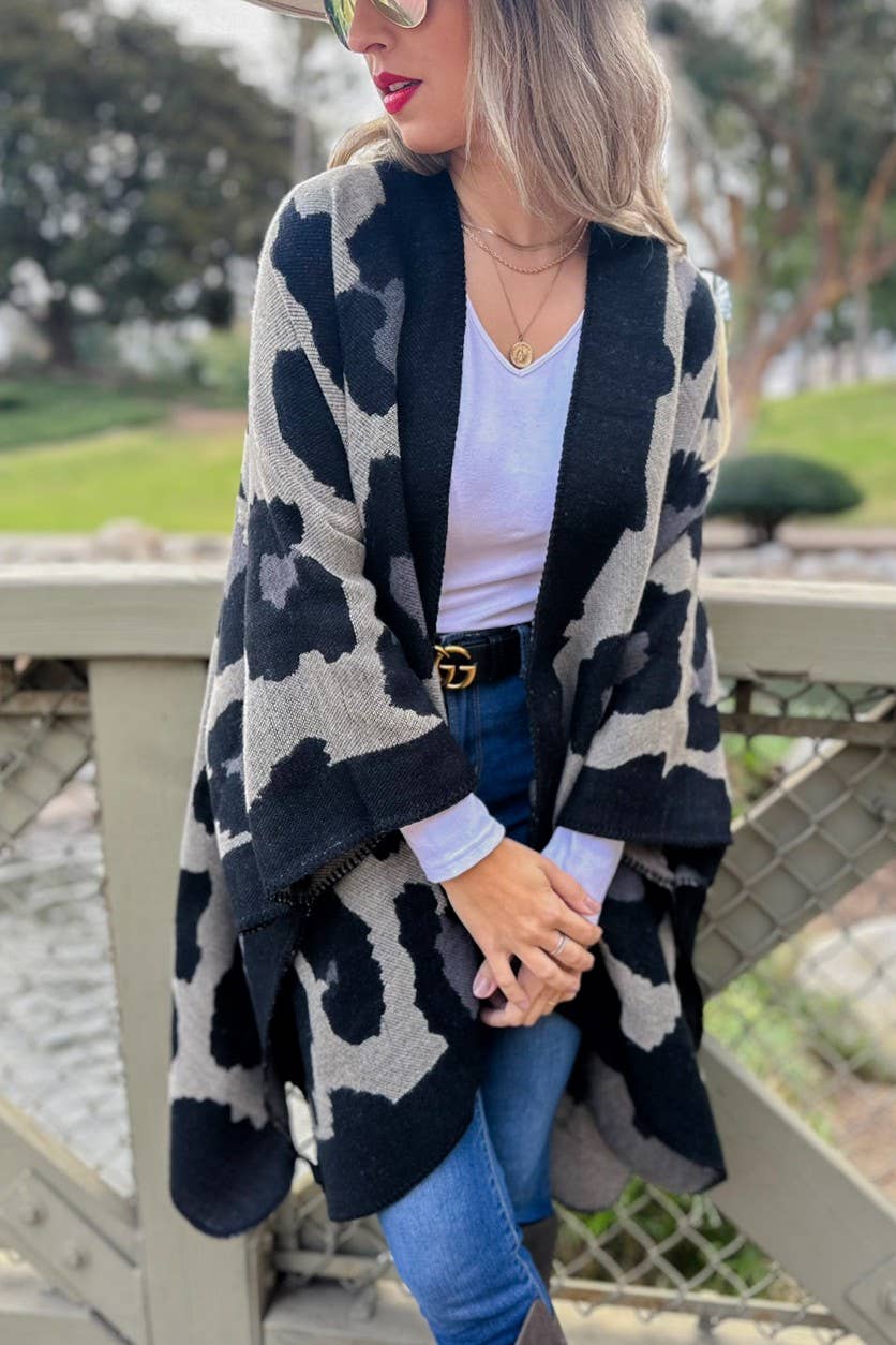 Boho Large Leopard Print Knit Ruana Cardigan