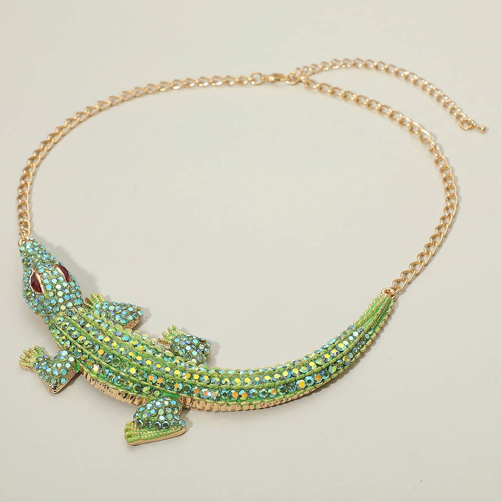 Rhinestone Paved Bold Alligator Accent Statement Necklace
