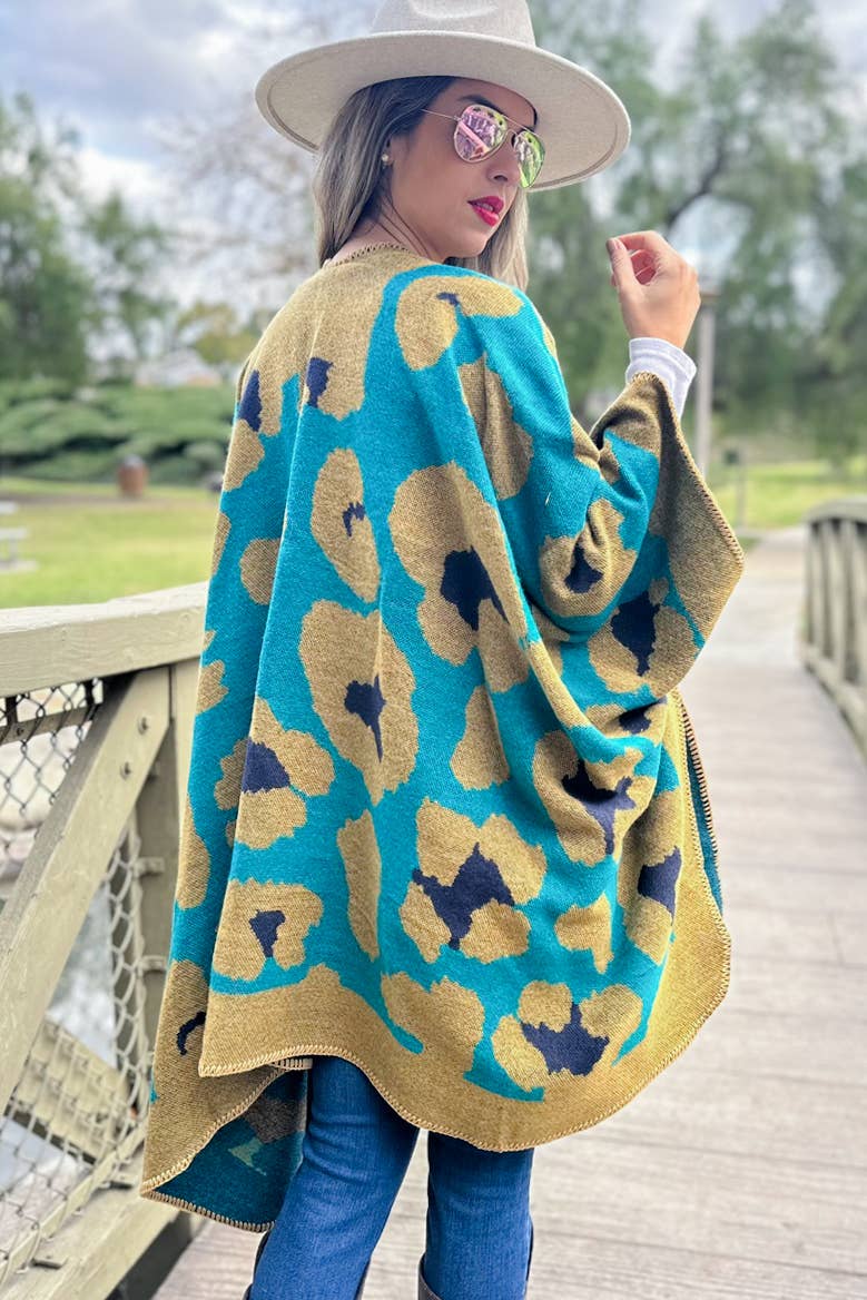 Boho Large Leopard Print Knit Ruana Cardigan