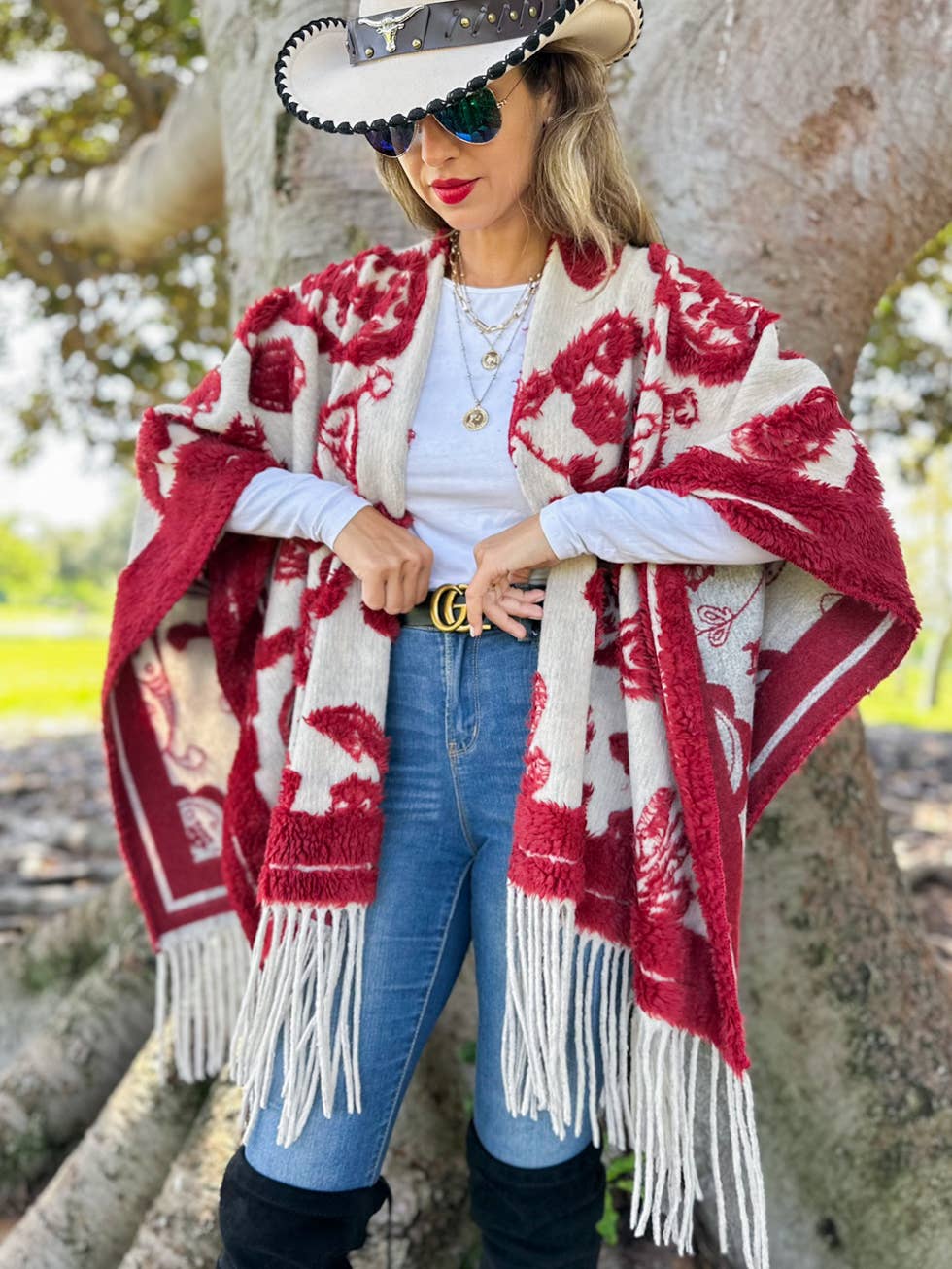 Red Western Boho 3D Textured Paisley Fringe Ruana Cardigan