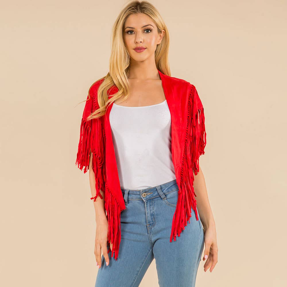 Faux Suede Open Front Western Tassel Shawl Poncho