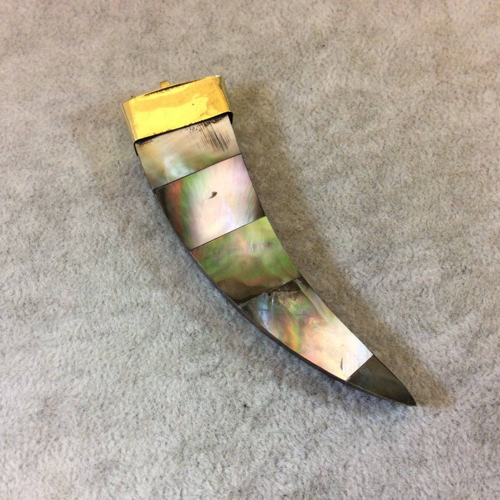 Abalone Shell Tusk Pendant | 85mm Flat Claw Charm | Gold Cap