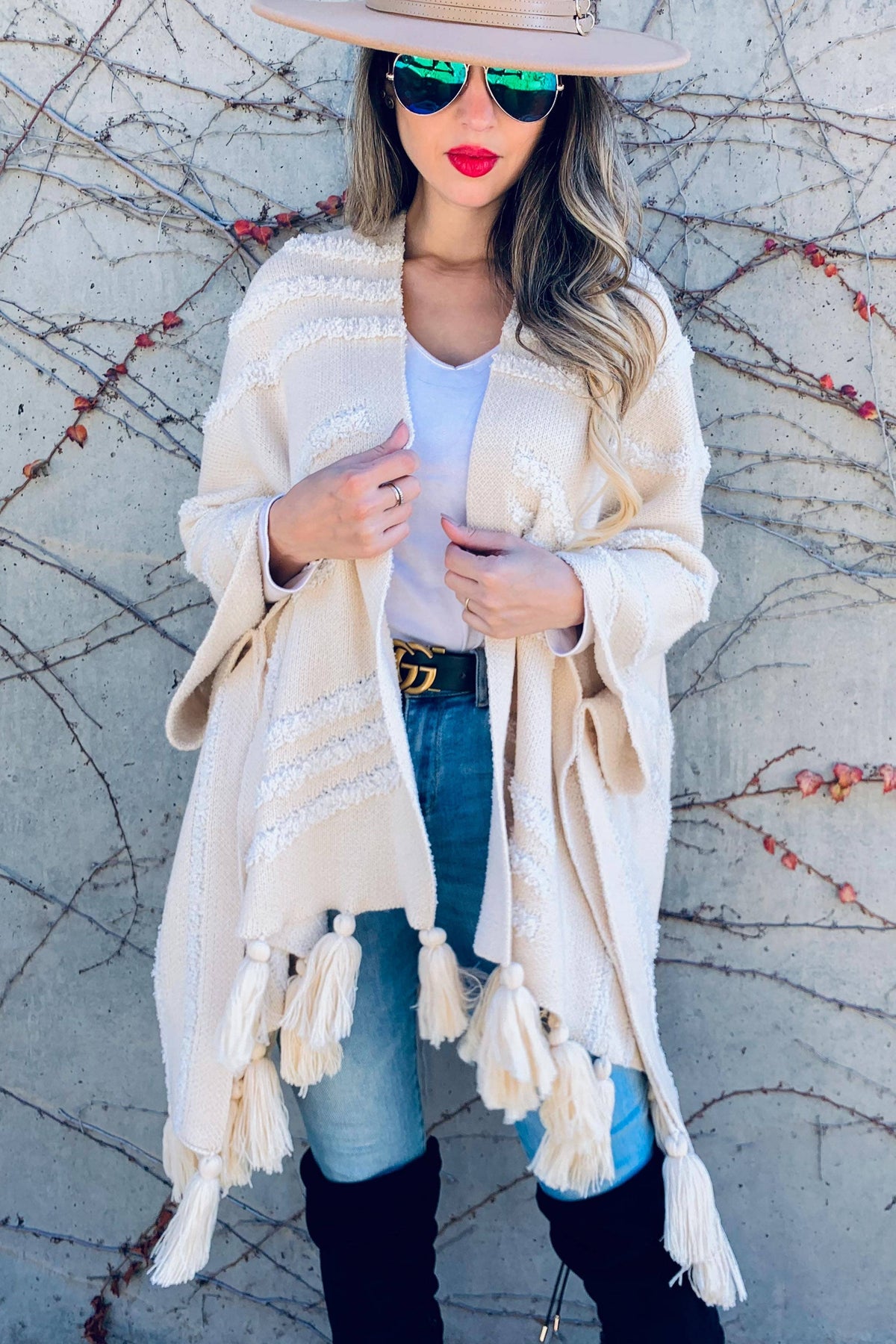 Boho Textured Chunky Knit Tassel Ruana Cardigan