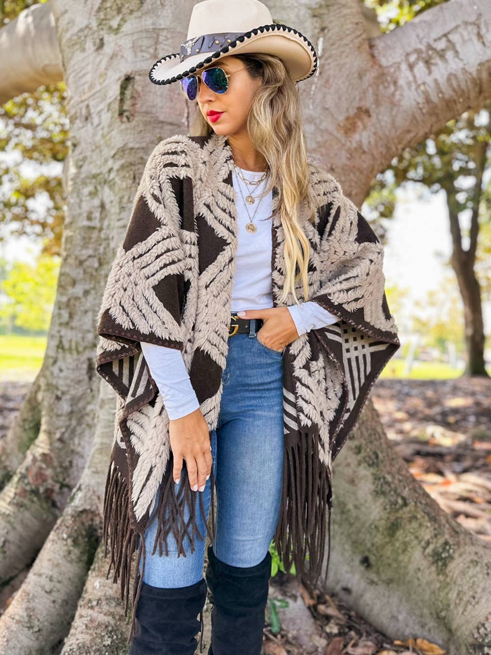 Western Boho 3D Textured Geometric Fringe Ruana Cardigan