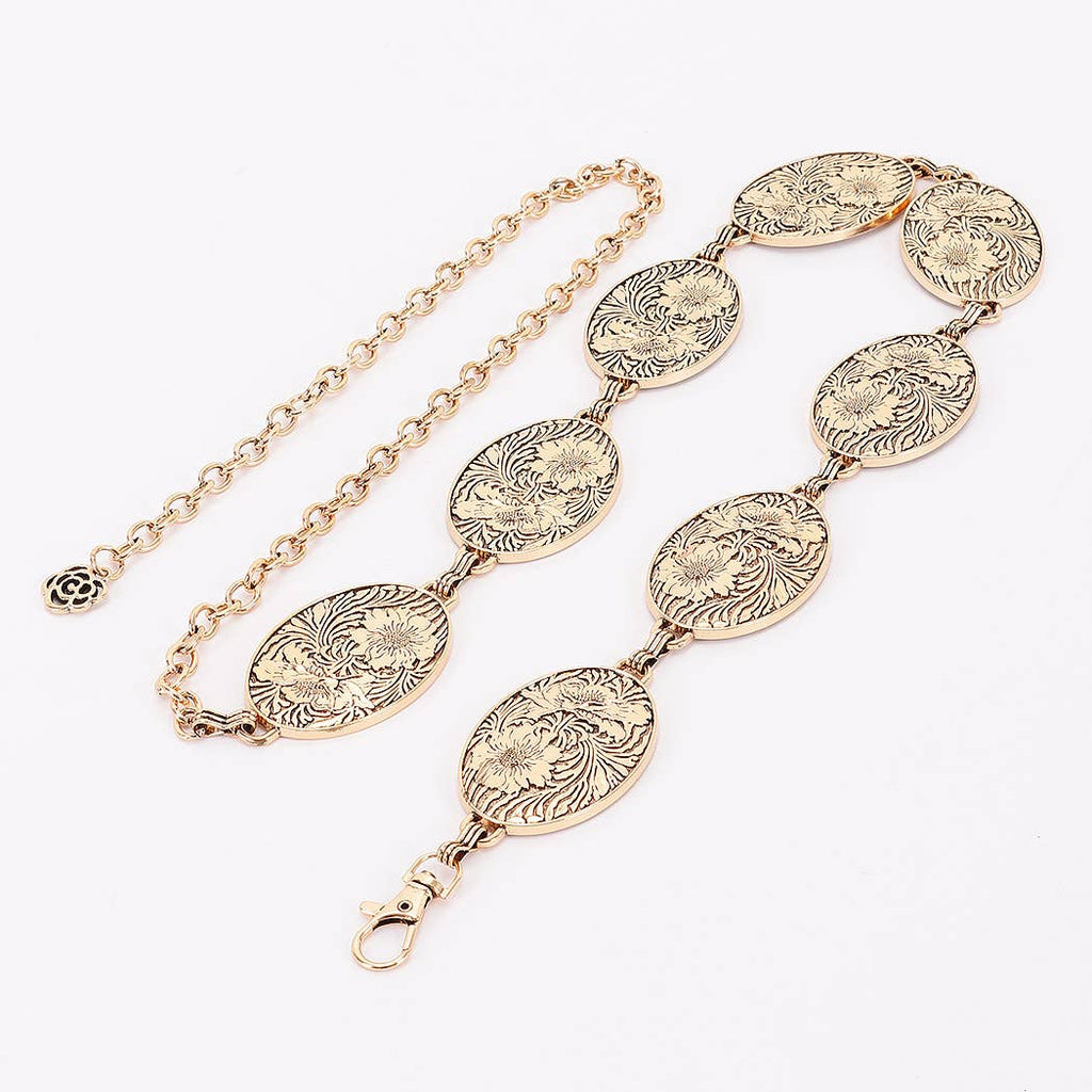 Floral Engraved Oval Medallion Chain Belt