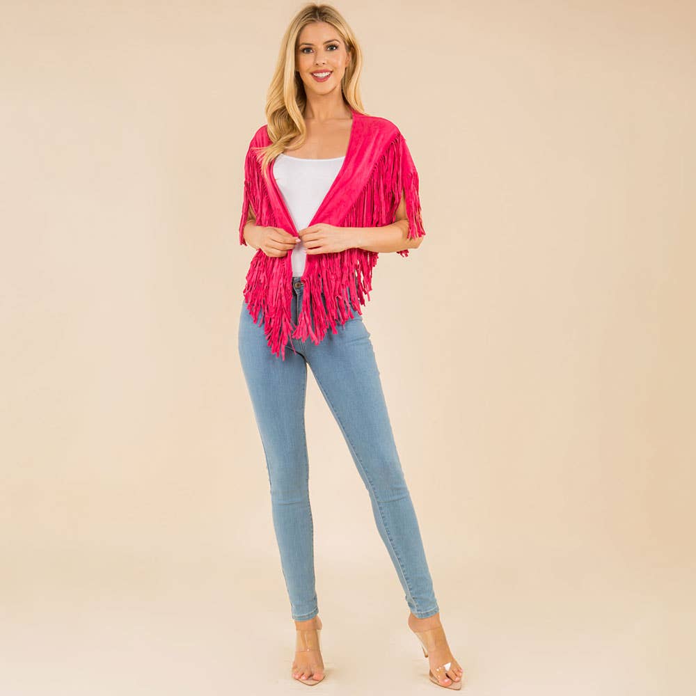 Faux Suede Open Front Western Tassel Shawl Poncho