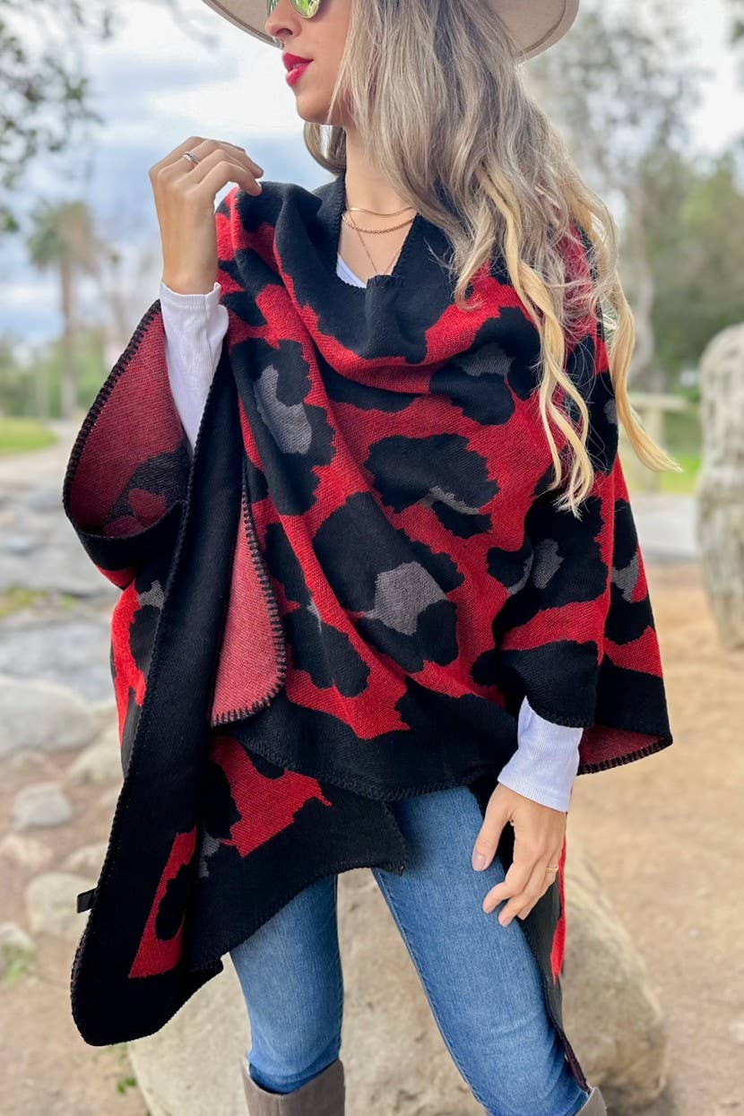 Boho Large Leopard Print Knit Ruana Cardigan