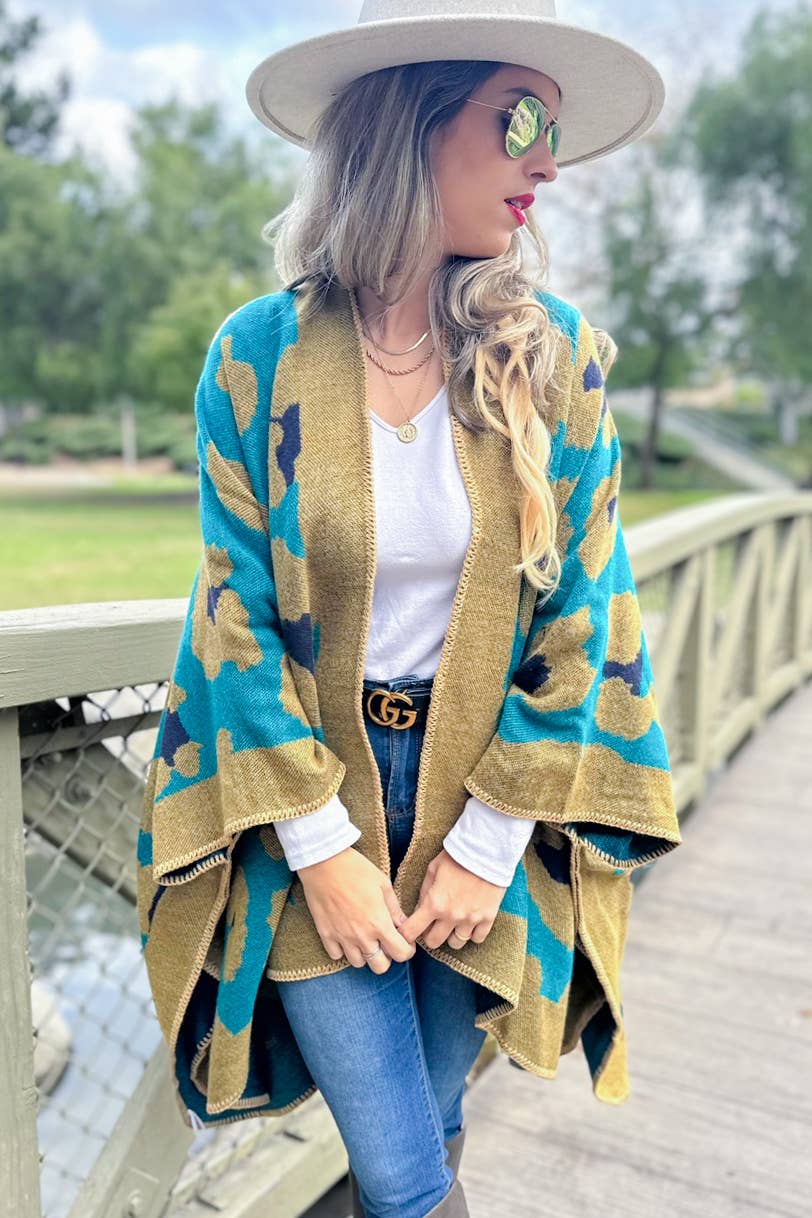 Boho Large Leopard Print Knit Ruana Cardigan
