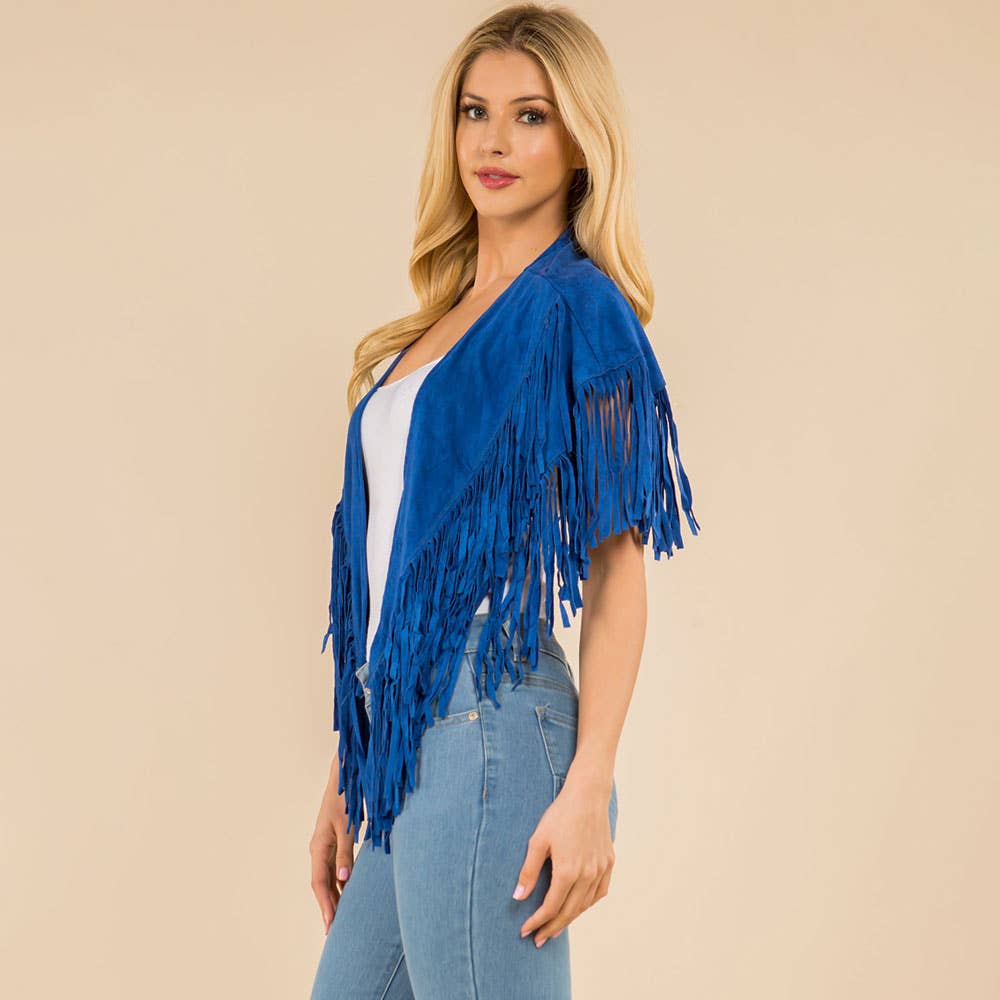 Faux Suede Open Front Western Tassel Shawl Poncho