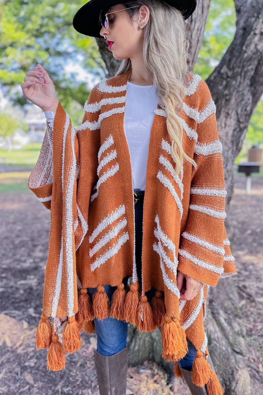 Boho Textured Chunky Knit Tassel Ruana Cardigan