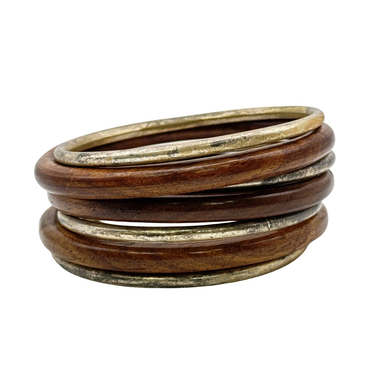Brass Metal With Wood Bangle Set Of 7 Pc