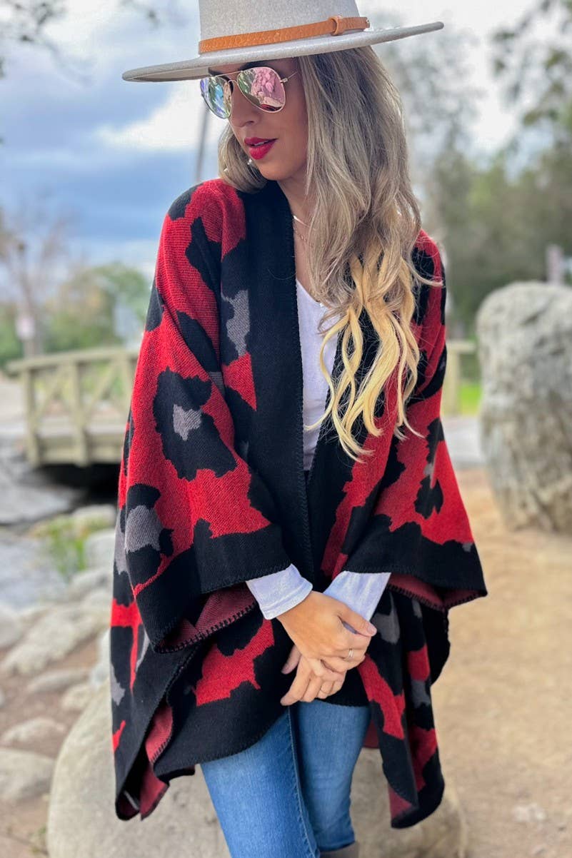 Boho Large Leopard Print Knit Ruana Cardigan