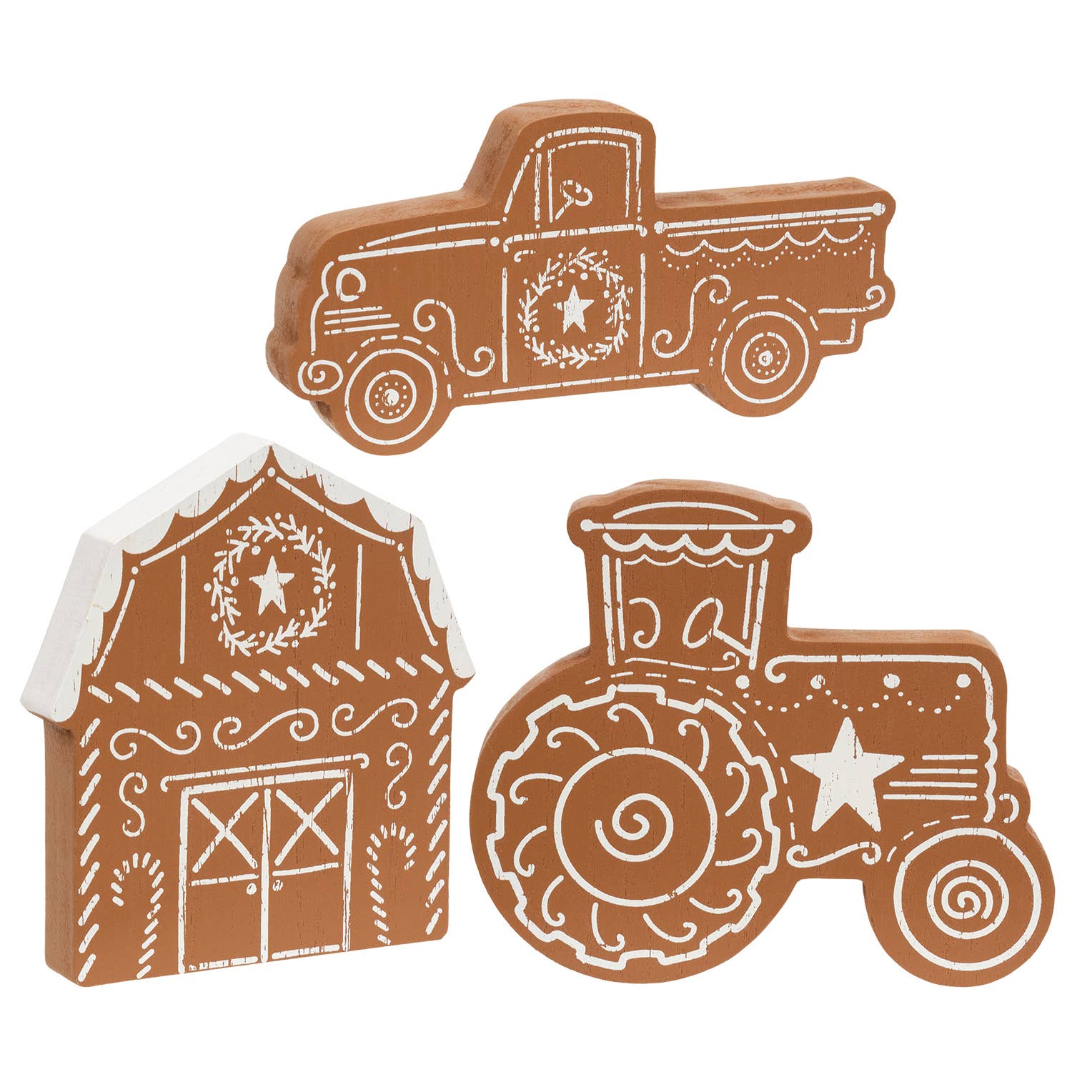 Wooden Gingerbread Farm Equipment Sitter - 3 Assorted