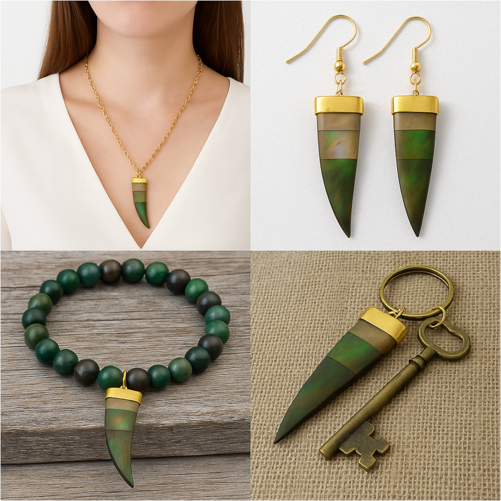 Abalone Shell Tusk Pendant | 85mm Flat Claw Charm | Gold Cap