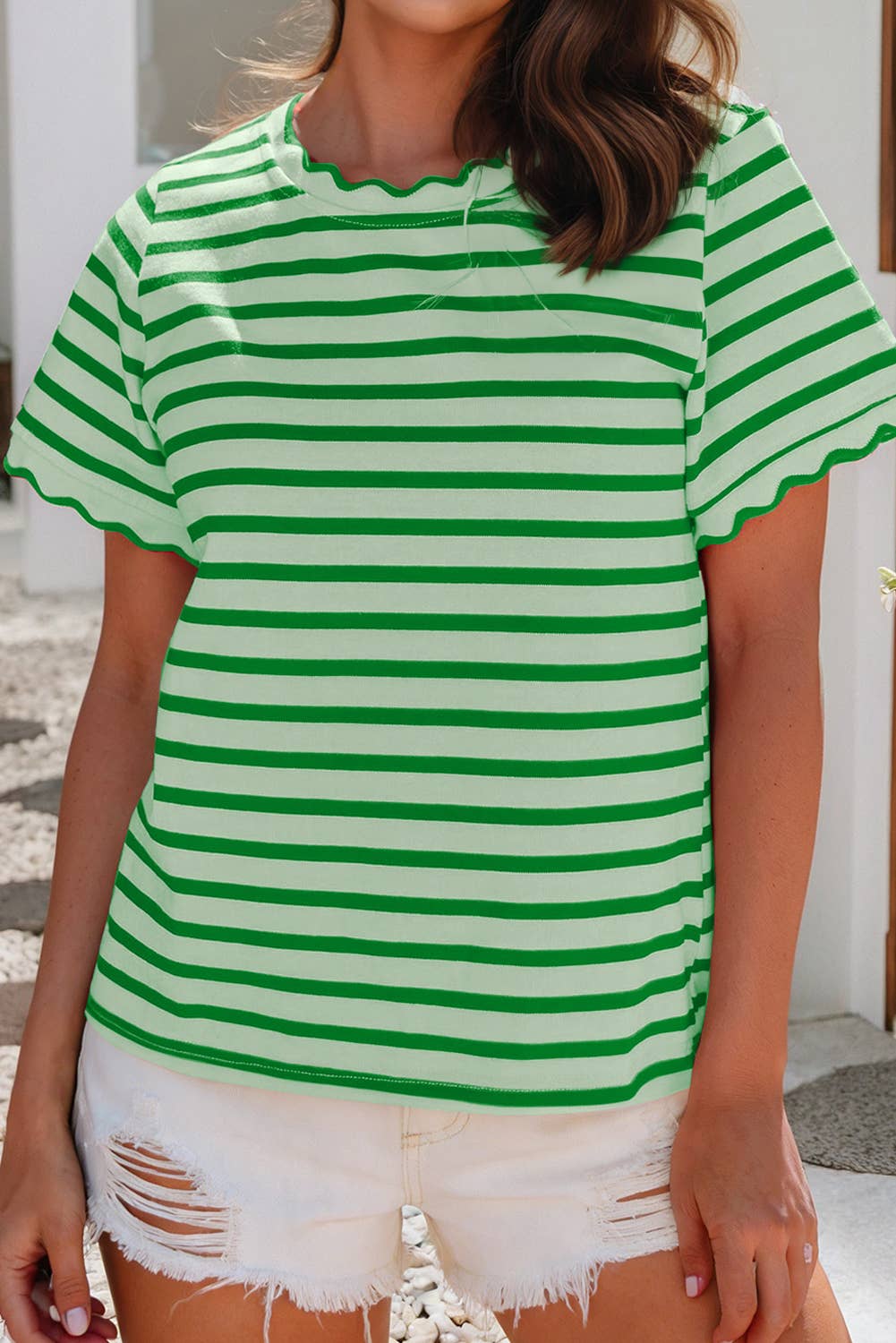 LDC Scalloped Trim Round Neck Stripe T Shirt| S-4X