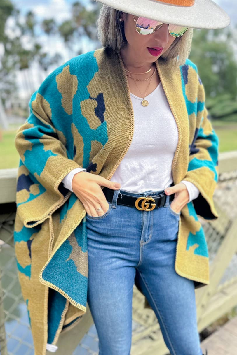 Boho Large Leopard Print Knit Ruana Cardigan