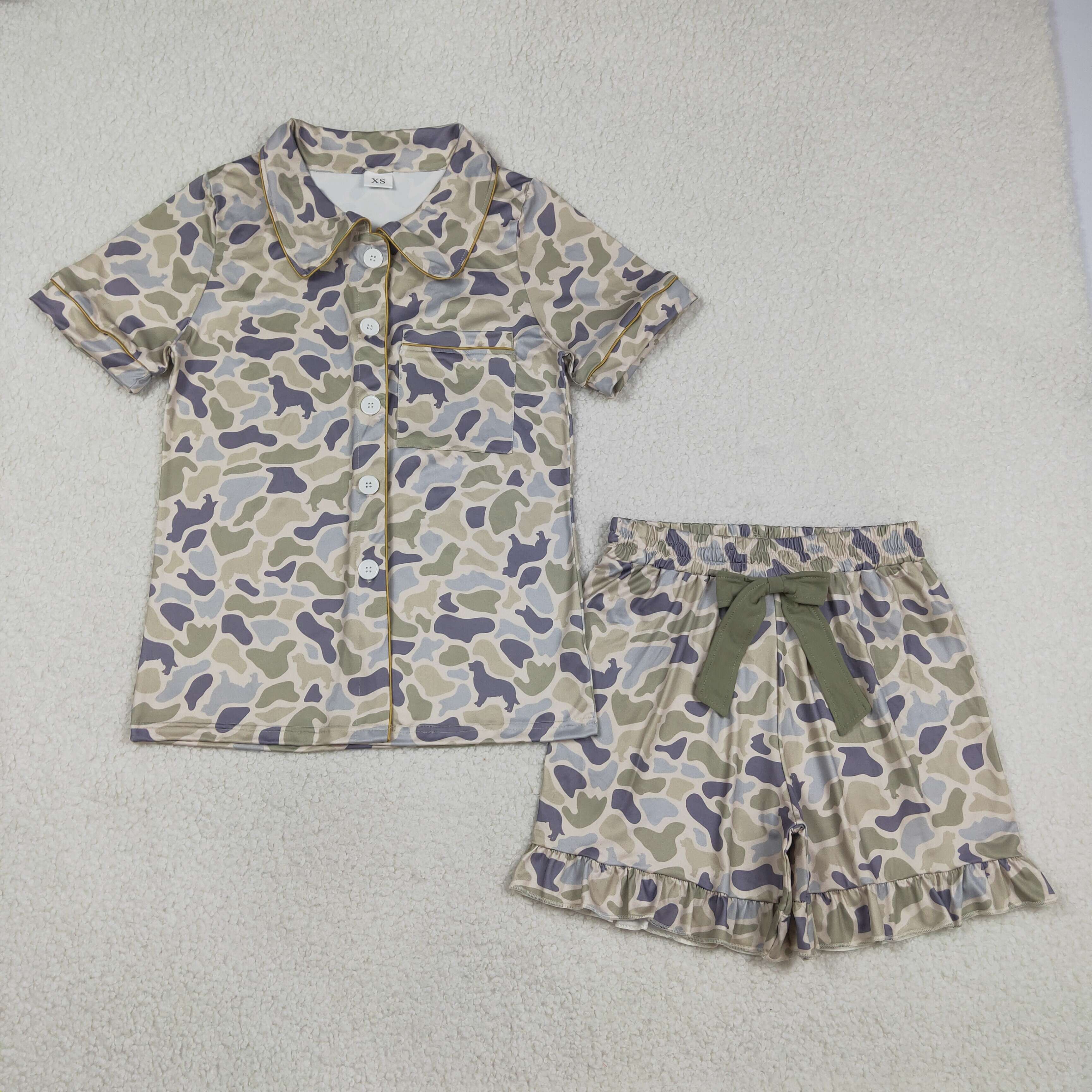 Women Dog Camouflage Bows Buttons Shirts Shorts Pajamas Sets