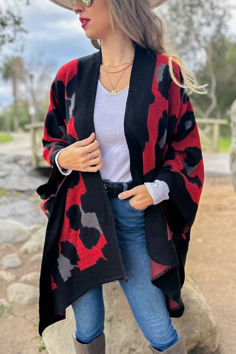 Boho Large Leopard Print Knit Ruana Cardigan