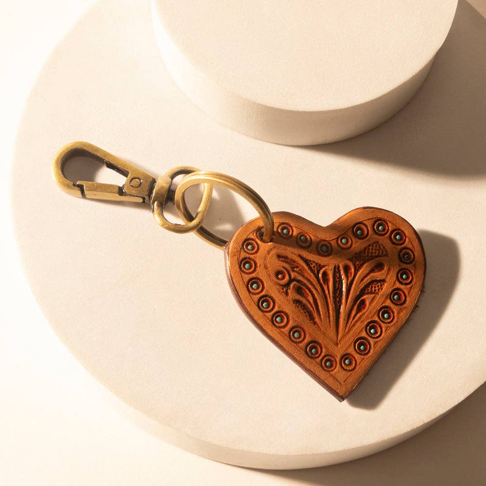 Studded Heart Western Key Fob in brown with handtooled detail
