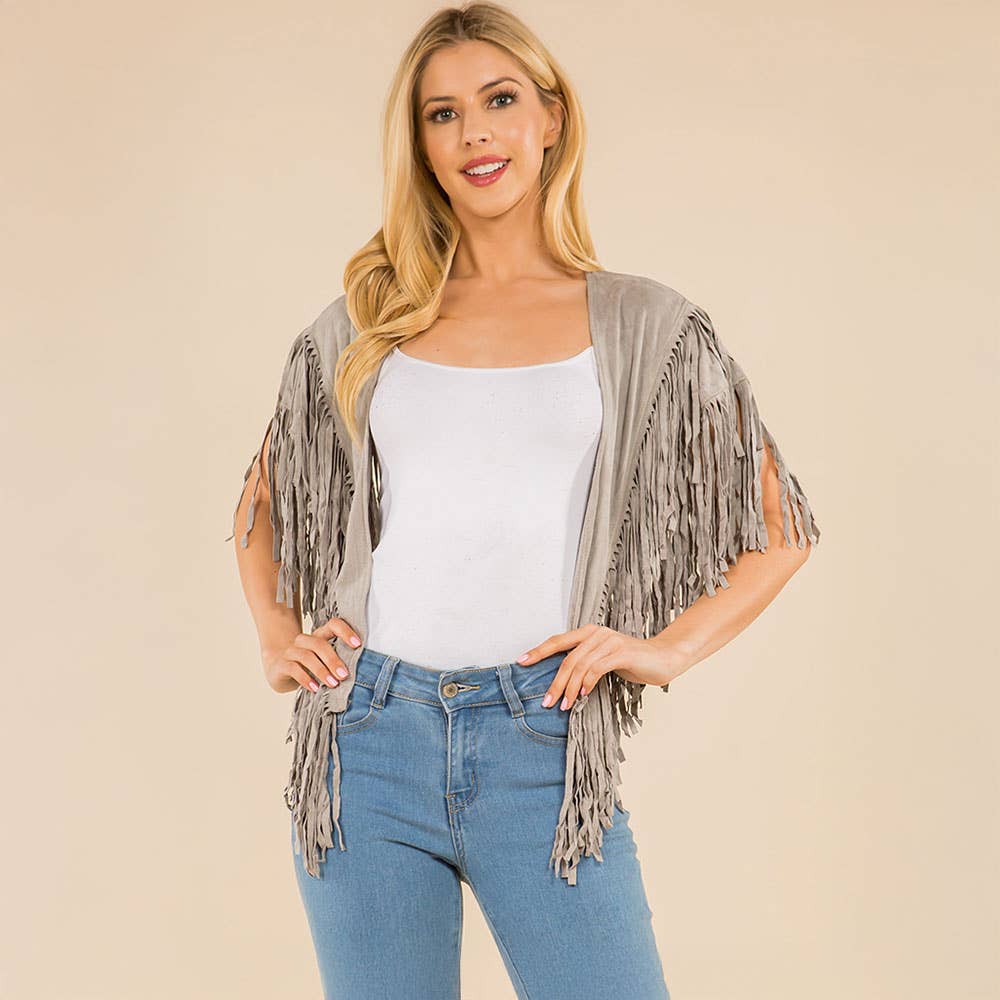 Faux Suede Open Front Western Tassel Shawl Poncho