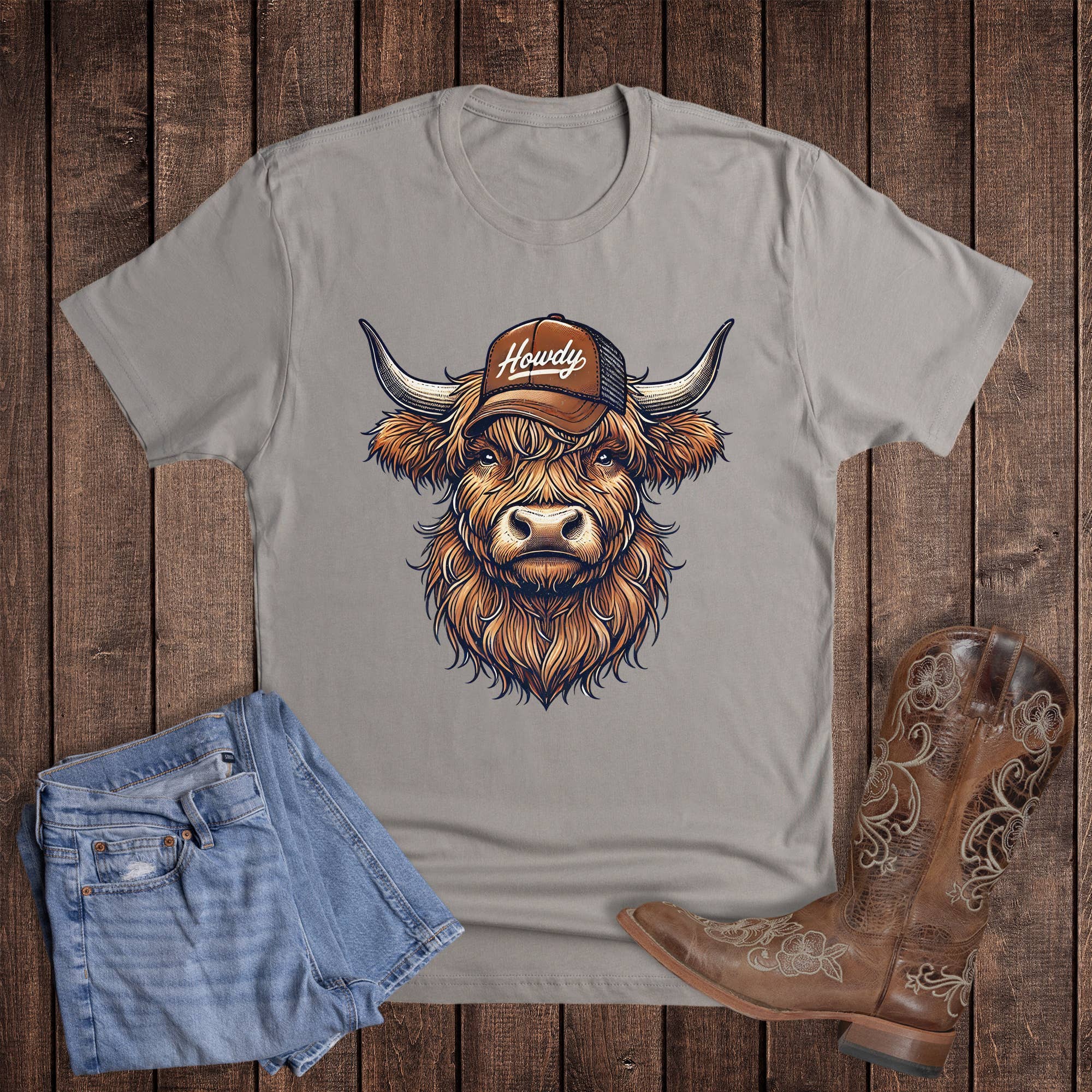 Western Highland Cow with Howdy Cap Graphic Tee