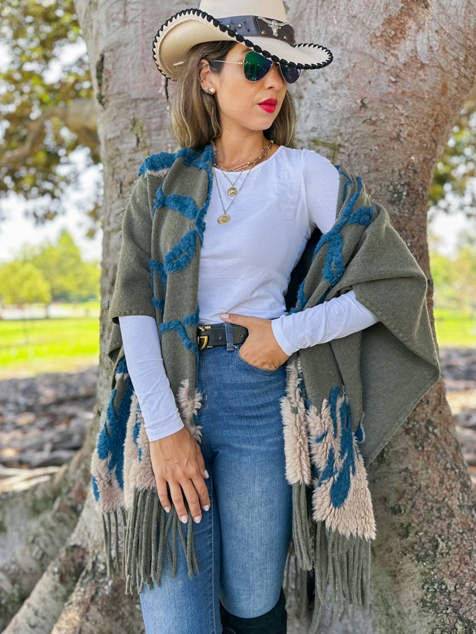 Olive Boho 3D Textured Abstract Fringe Ruana Cardigan