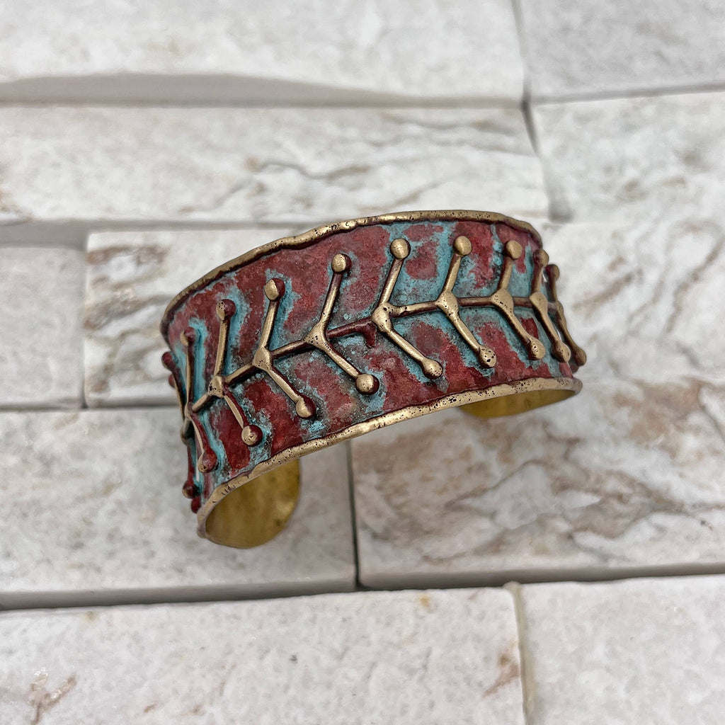 Brass Patina Cuff Bracelet - Rustic Blue Arrows
