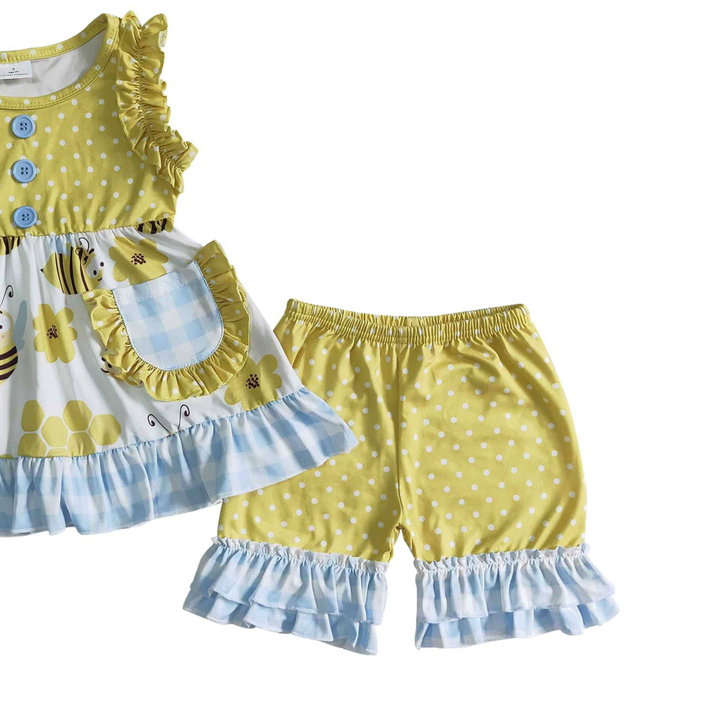 Baby girls summer honey bee ruffle shorts sets