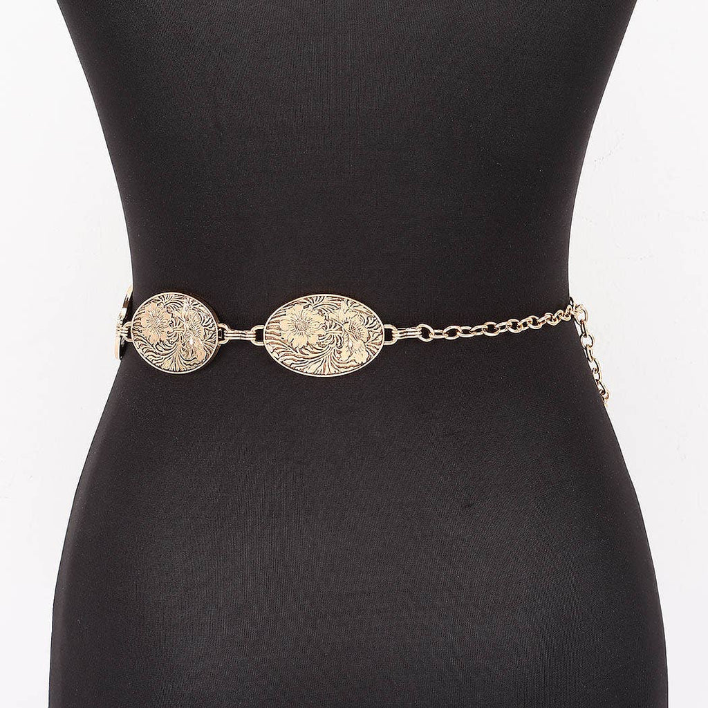 Floral Engraved Oval Medallion Chain Belt