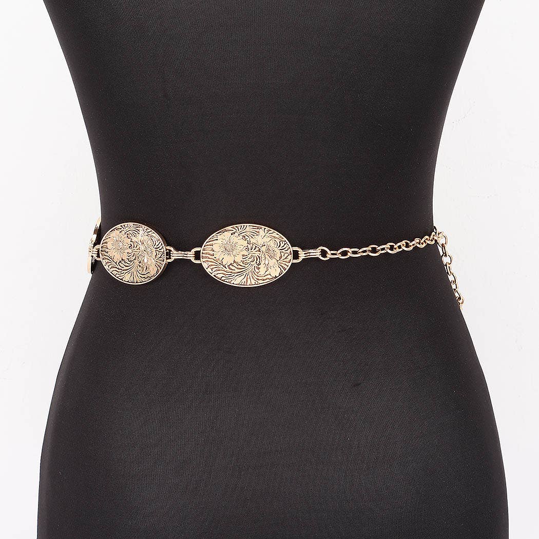 Floral Engraved Oval Medallion Chain Belt