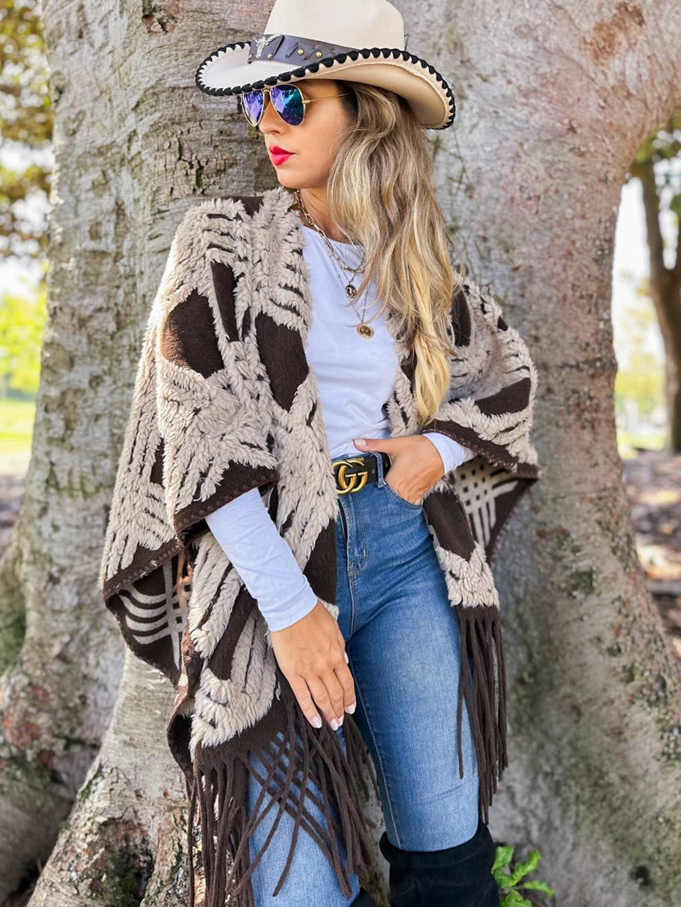 Western Boho 3D Textured Geometric Fringe Ruana Cardigan