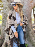 Western Boho 3D Textured Geometric Fringe Ruana Cardigan