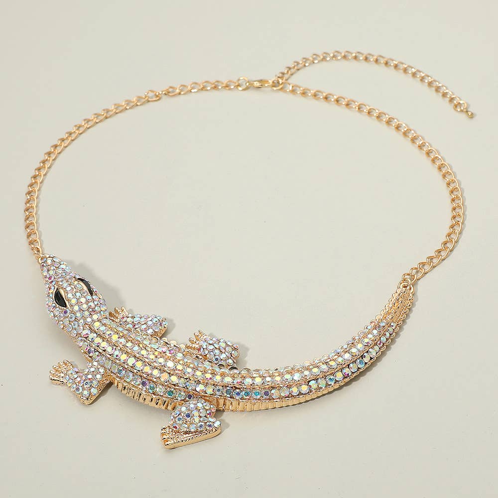 Rhinestone Paved Bold Alligator Accent Statement Necklace