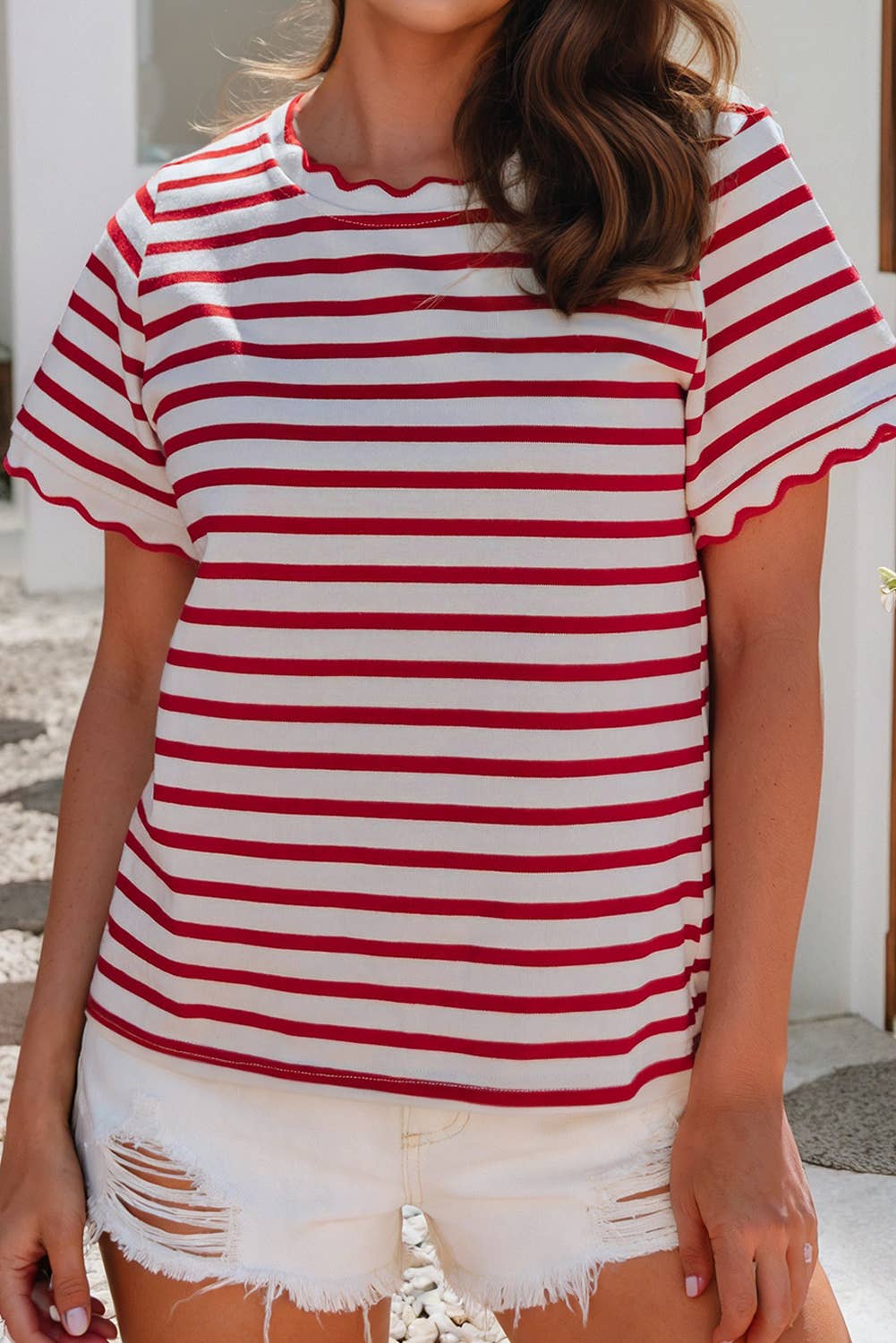 LDC Scalloped Trim Round Neck Stripe T Shirt| S-4X